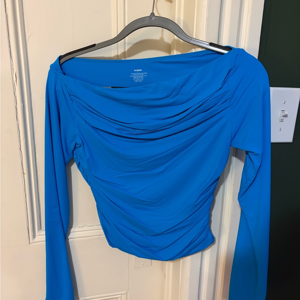 Chic Draped Neckline Women's Blouse in Vibrant Blue